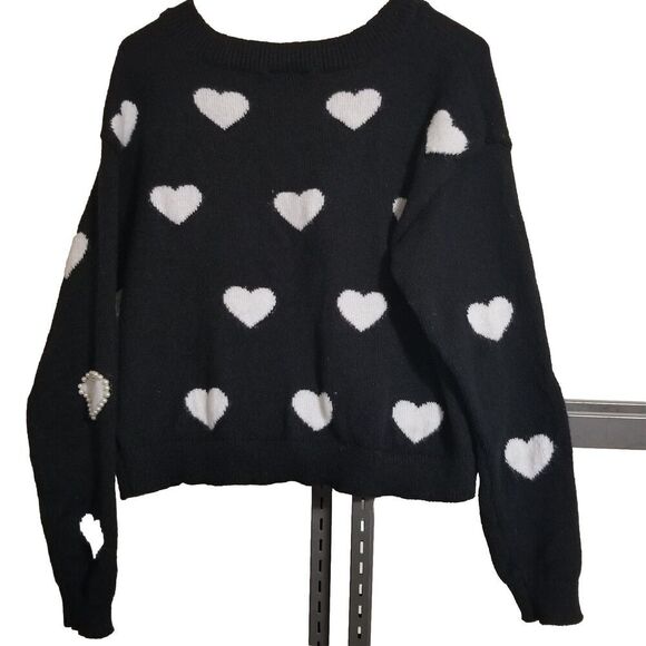 BCX Womens Crop Sweater Black White Heart Medium Beaded Vneck - Picture 2 of 2